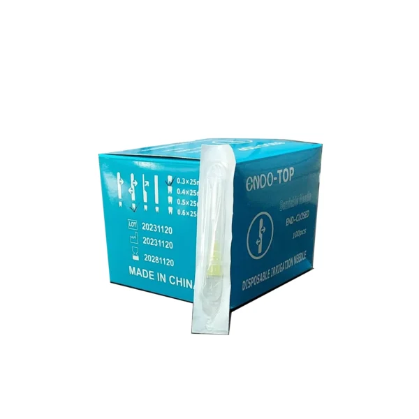 علبة رؤوس الإرواء للأقنية السنية عدد 100 رأس هي أدوات دقيقة تُستخدم لإيصال محاليل التنظيف والتعقيم داخل القنوات الجذرية